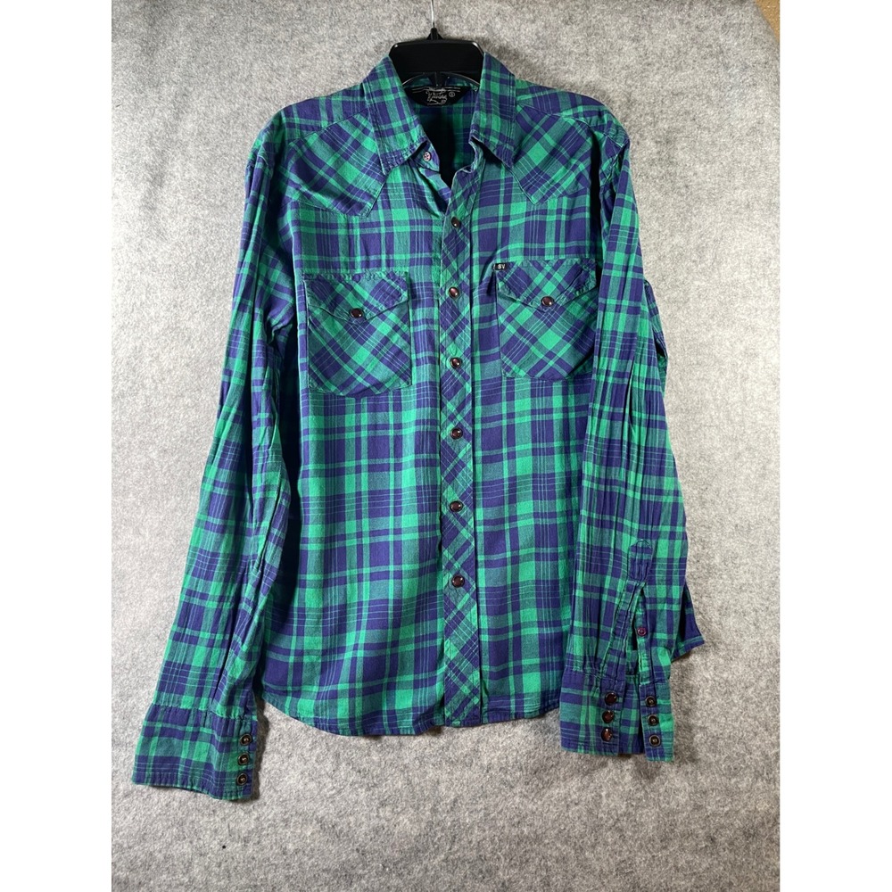 Salt Valley Western Mens Small Plaid Pearl Snap Shirt Green Purple Long Sleeve